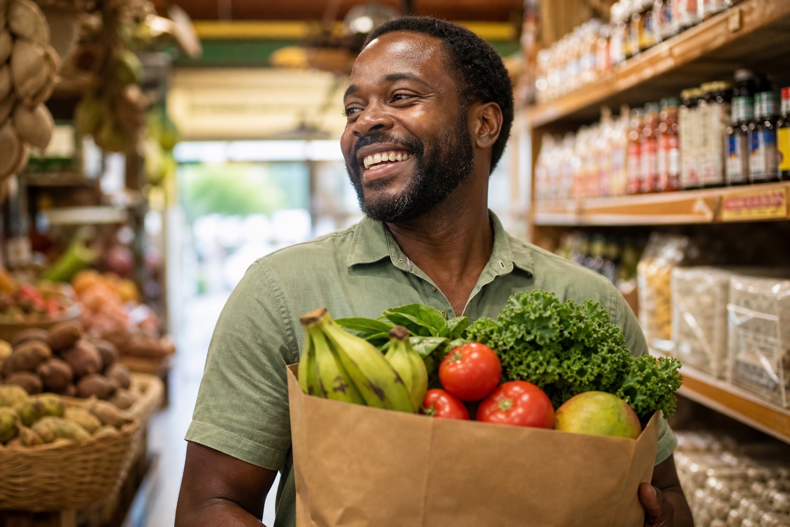 A happy shopper with a bag of fresh produce — the feeling of a good trip to the market